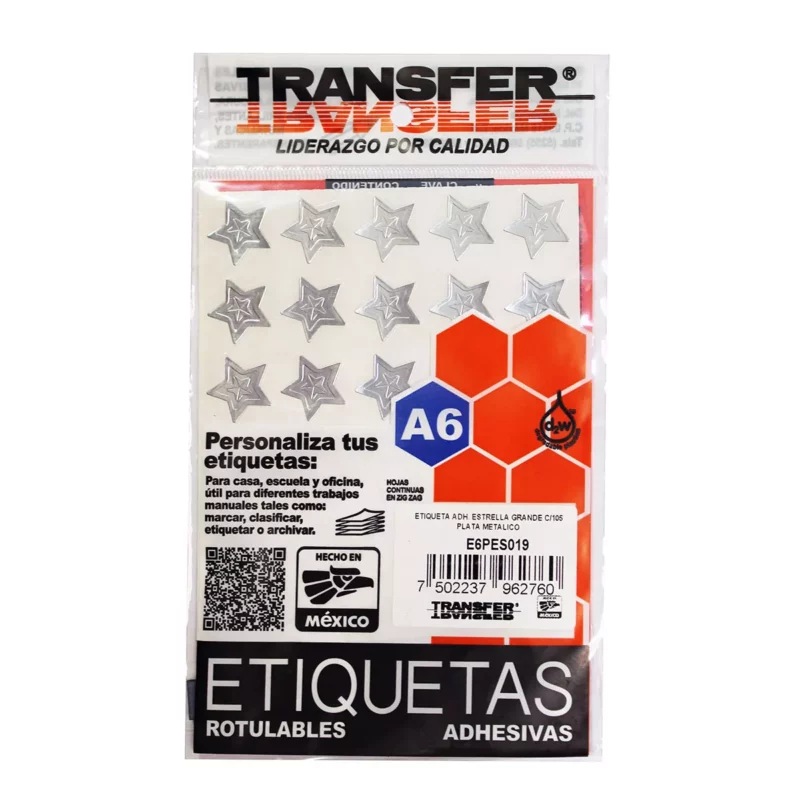 ETIQUETA ADHESIVA ESTRELLA GRANDE PLATA ATADO DE 10 PZAS.