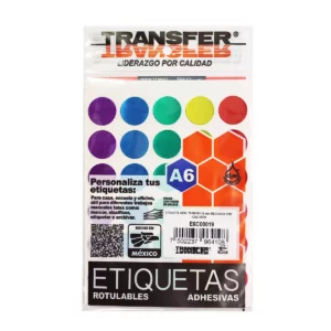 ETIQUETA ADHESIVA 19MM REDONDA COLORES ATADO DE 10 PZAS.
