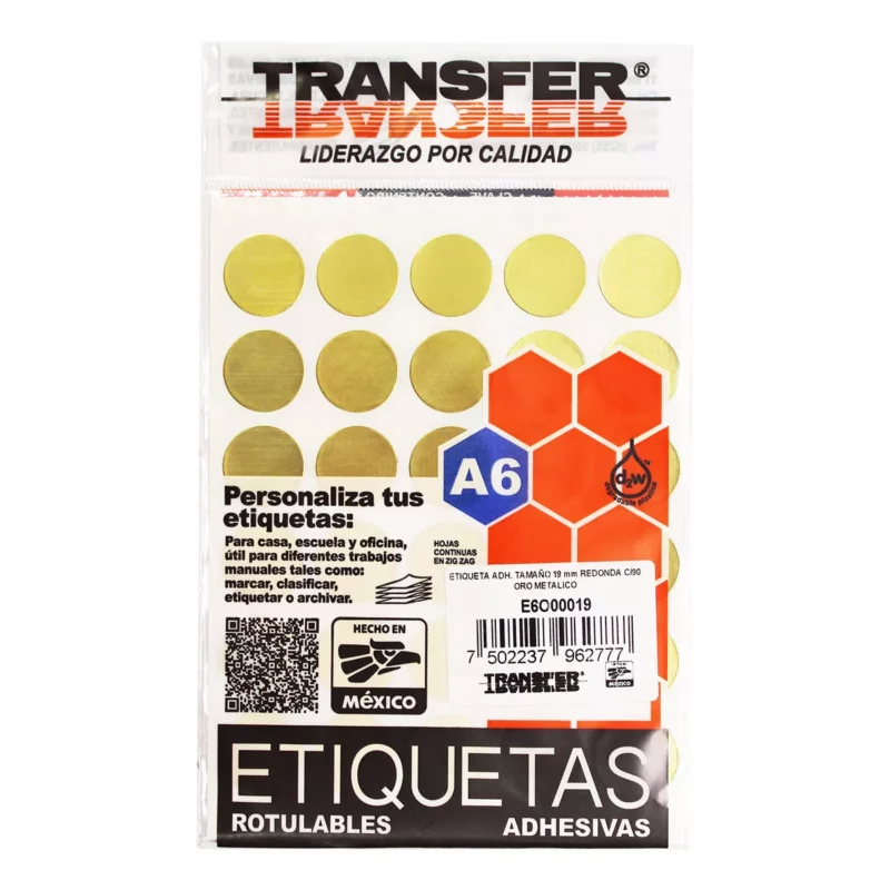 ETIQUETA ADHESIVA A6 19MM REDONDA ORO METALICO ATADO DE 10 PZAS.