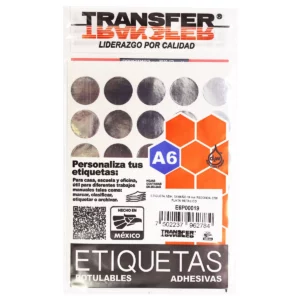ETIQUETA ADHESIVA A6 19MM REDONDA PLATA METALICO ATADO DE 10 PZAS.