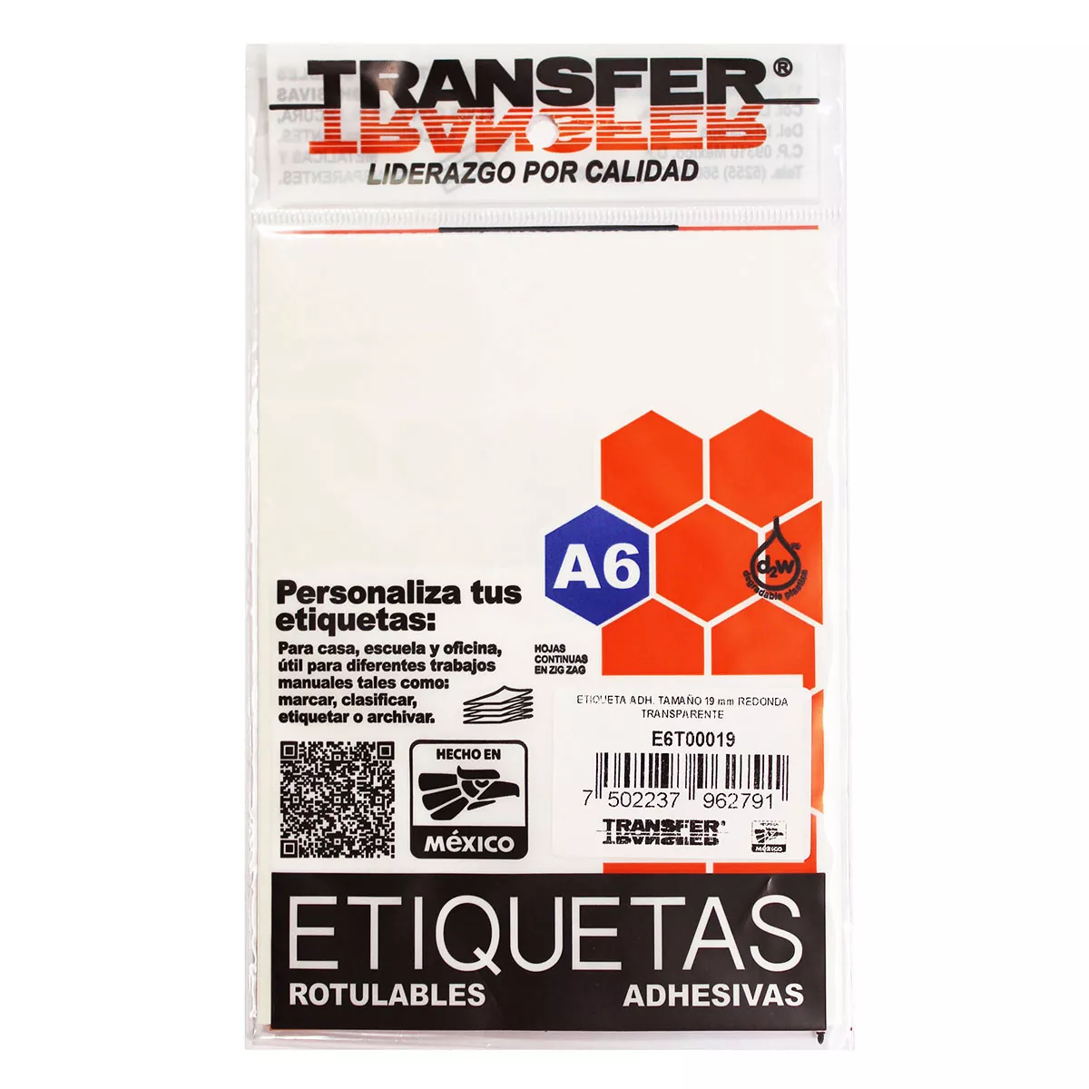 ETIQUETA ADHESIVA A6 19MM REDONDA TRANSPARENTE ATADO DE 10 PZAS.