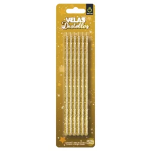 VELA DESTELLOS DORADO C/6 PIEZAS ATADO DE 3 PZAS.