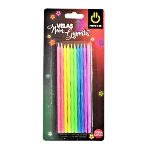 VELA ESPIRAL GIGANTE NEON C/10 PIEZAS ATADO DE 3 PZAS.