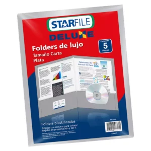 FOLDER CARTA PLASTIFICADO PLATA ATADO DE 5 PZAS.