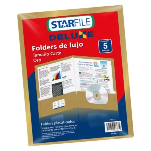 FOLDER CARTA PLASTIFICADO DORADO ATADO DE 5 PZAS.