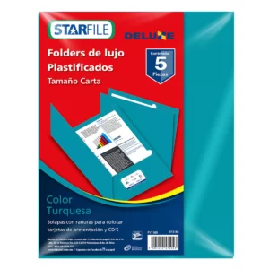 FOLDER CARTA PLASTIFICADO TURQUESA ATADO DE 5 PZAS.