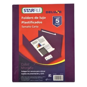 FOLDER CARTA PLASTIFICADO MORADO ATADO DE 5 PZAS.