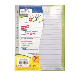 HOJA PARA CARPETA CARTA C/100 C/REFUERZO RAYA ATADO DE 4 PZAS.