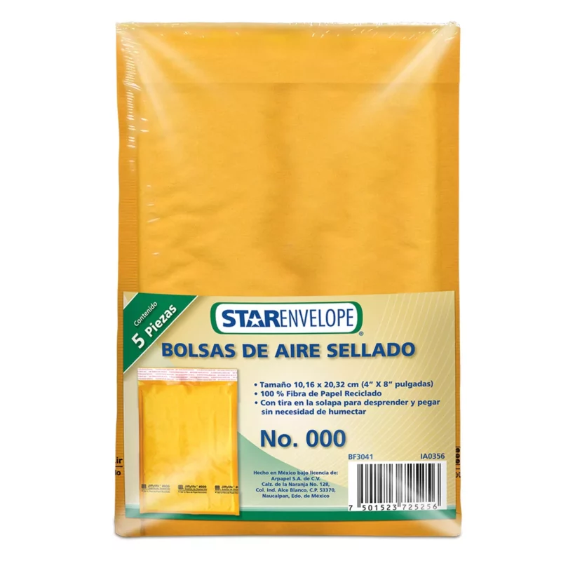 BOLSA AIRE SELLADO 10.16 X 20.32CMS NO. 000 ATADO DE 5 PZAS.