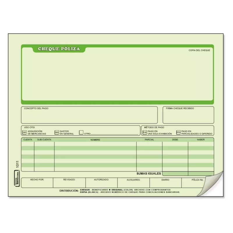BLOCK CHEQUE POLIZA 25JGS PRINTA 1011 ATADO DE 3 PZAS.