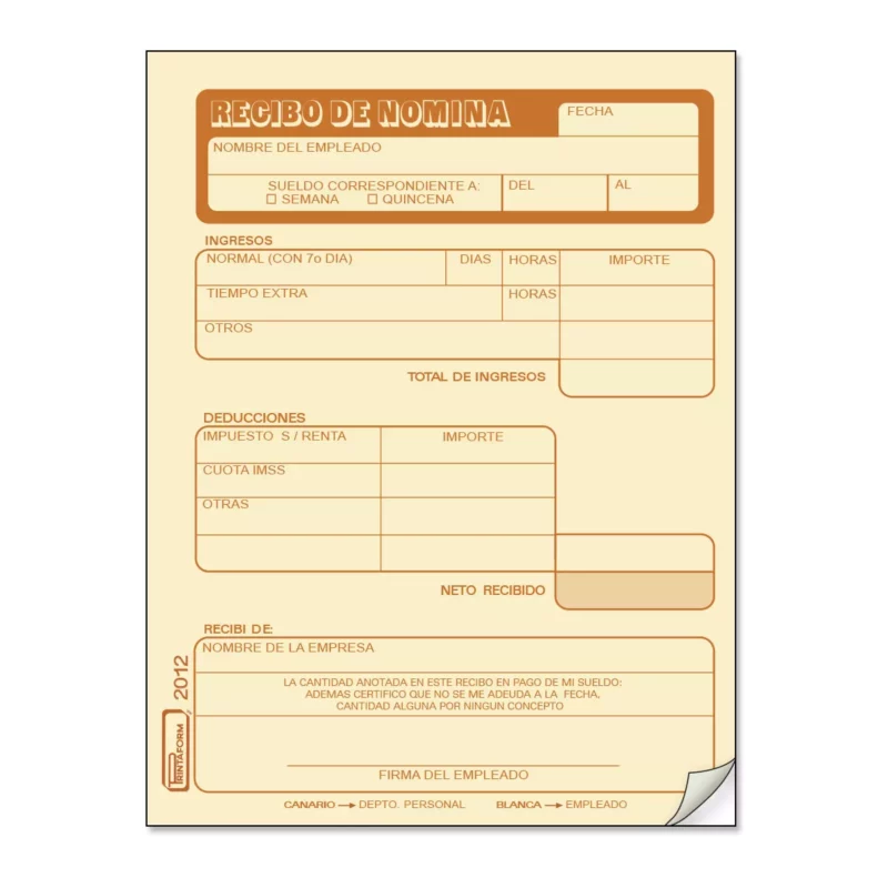BLOCK RECIBO DE NOMINA 25JGS PRINTA 2012 ATADO DE 3 PZAS.