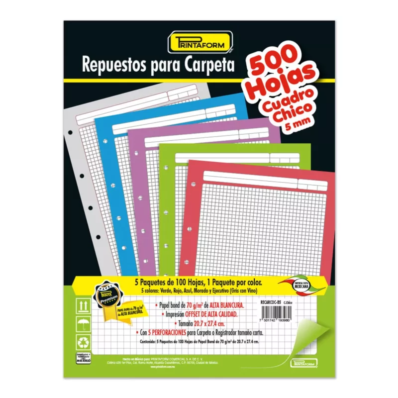 HOJA PARA CARPETA CARTA C/100 C5 ATADO DE 5 PZAS.
