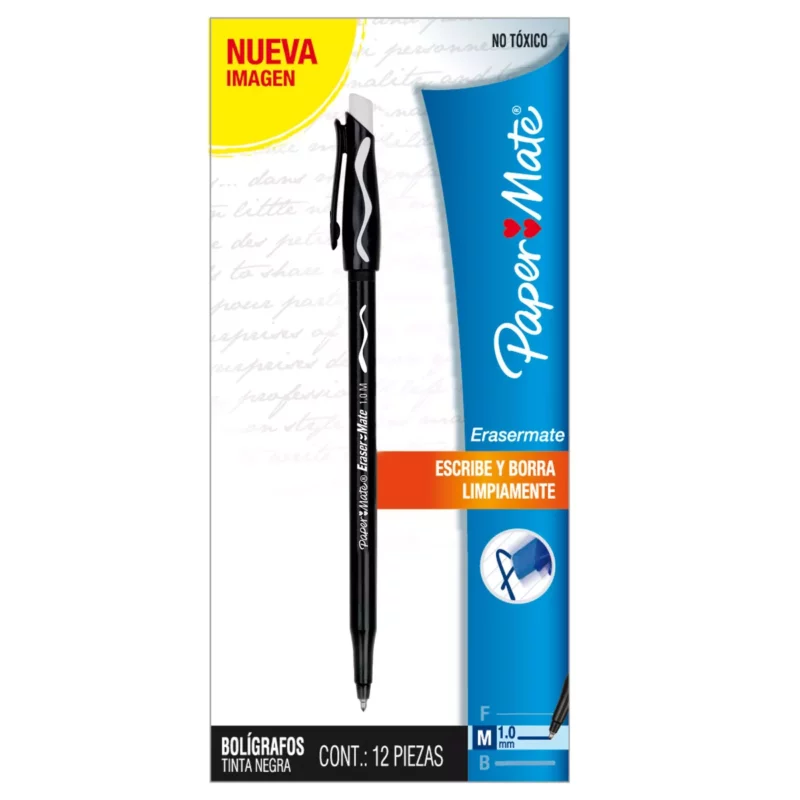 BOLIGRAFO ERASER MATE BORRABLE NEGRO ATADO DE 12 PZAS.