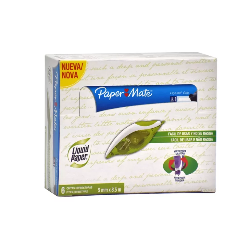 CORRECTOR DE CINTA DRYLINE GRIP 8.5MTS X 5MM COLORES 110308 ATADO DE 6 PZAS.