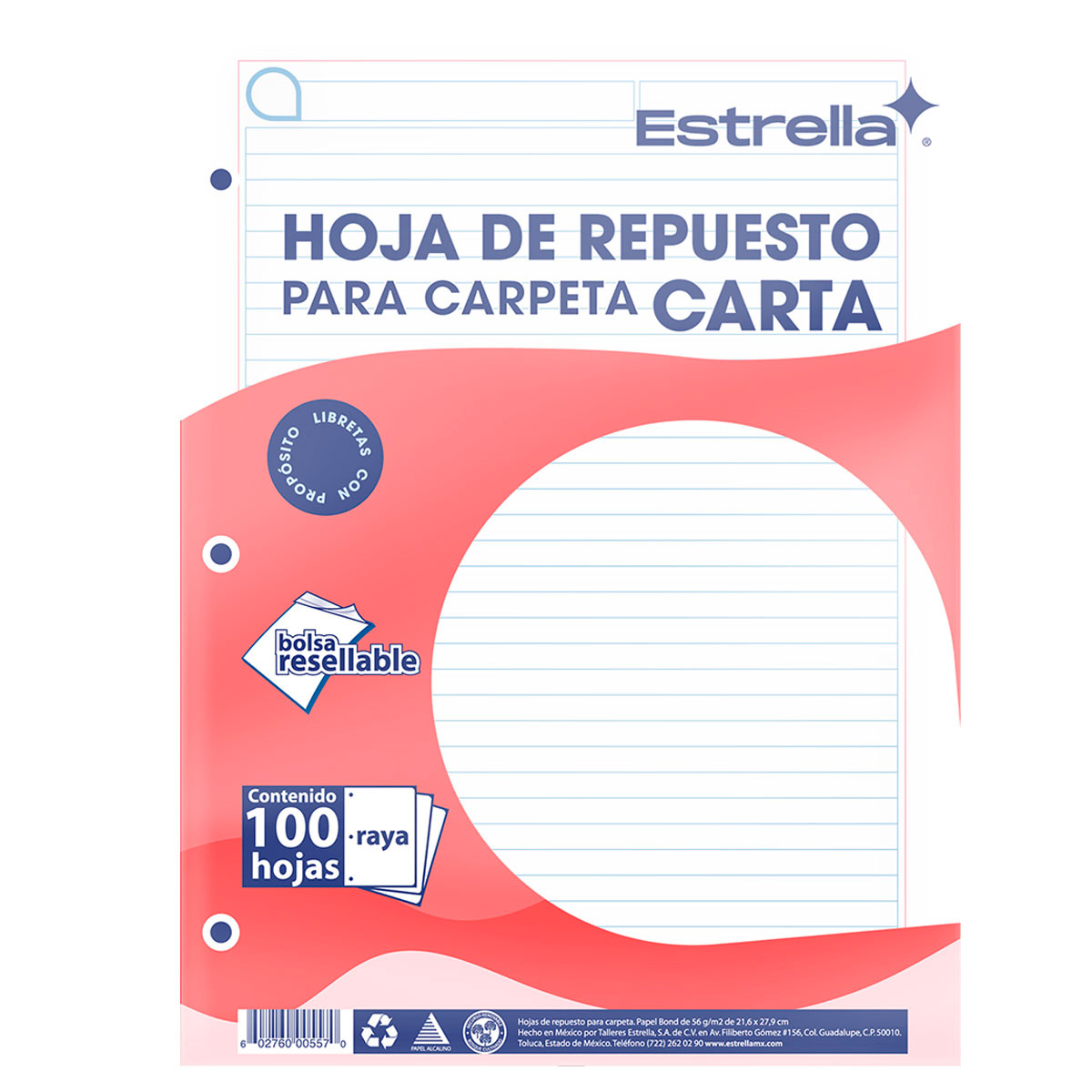 HOJA PARA CARPETA CARTA C/100 RAYA ATADO DE 5 PZAS.