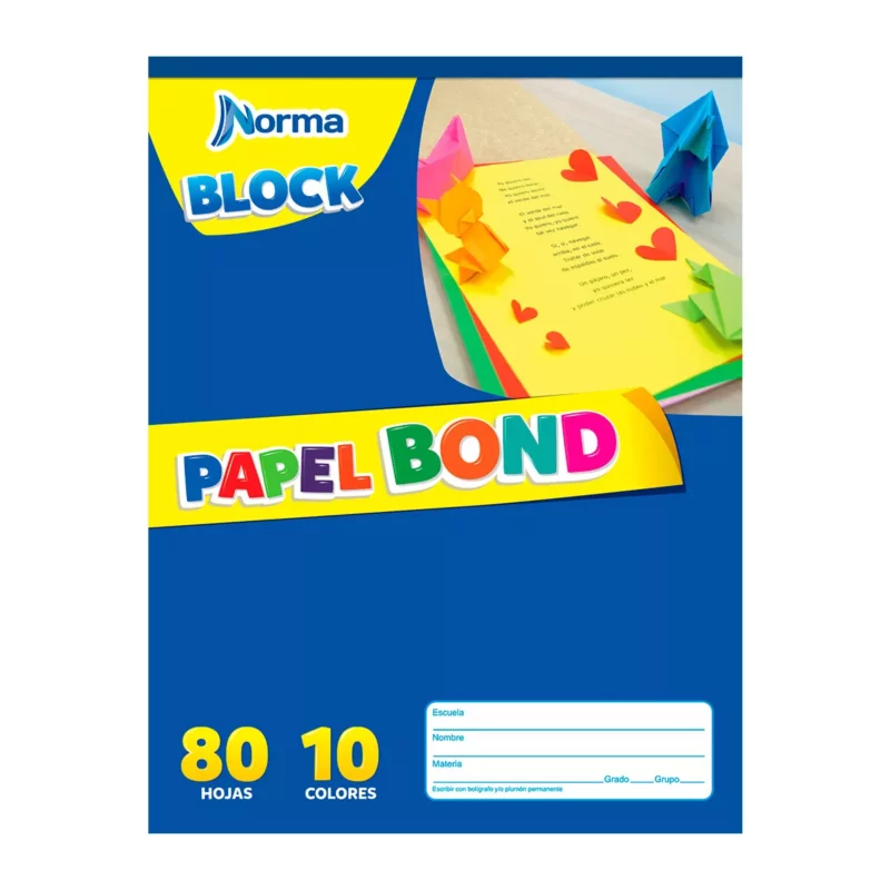 BLOCK PAPEL BOND COLORES CARTA 80HJS ATADO DE 2 PZAS.
