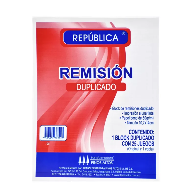 BLOCK REMISION REPUBLICA 1/8 DUP D8 ATADO DE 10 PZAS.