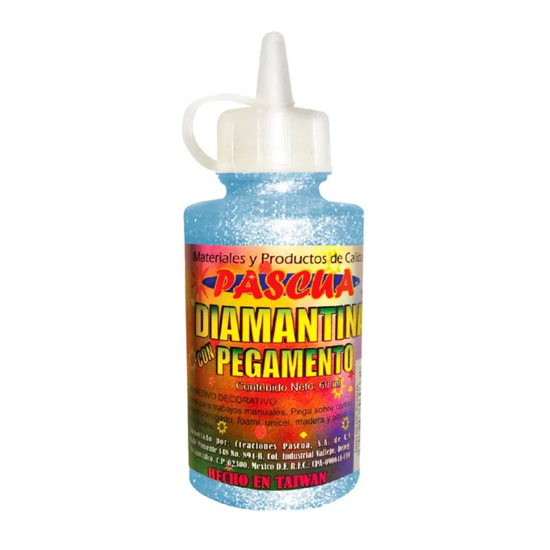 PEGAMENTO CON DIAMANTINA 60ML AZUL PASTEL. ATADO DE 6 PZAS.